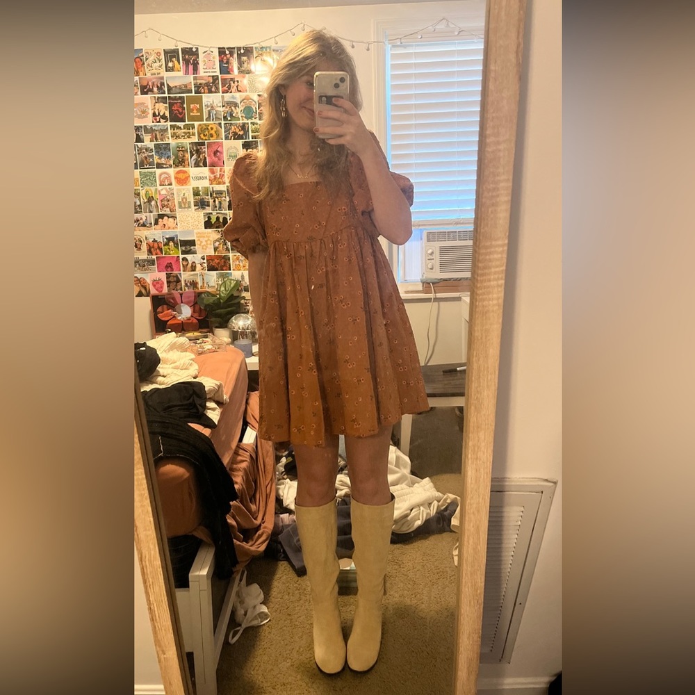 WORN ONCE - Burnt Orange/Brown Altar’d State Floral Babydoll Dress - Size S